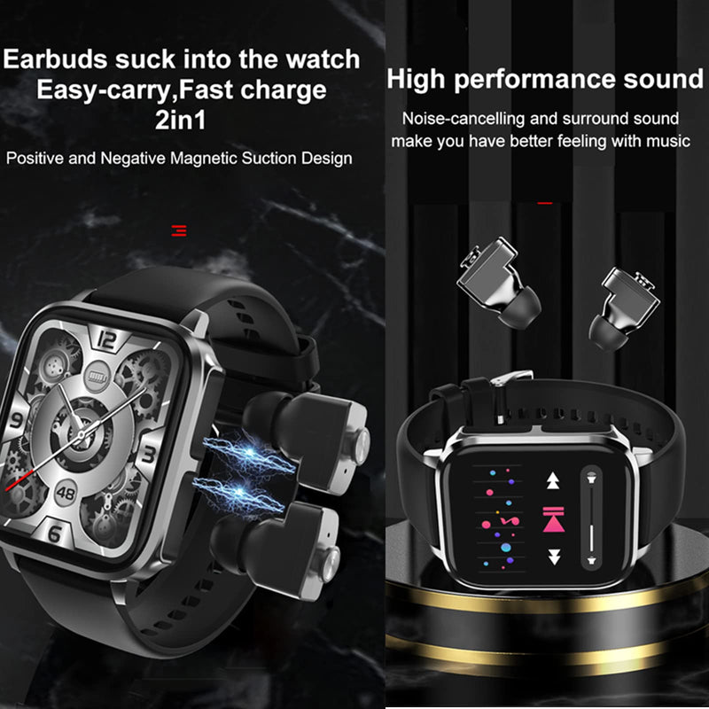 Tuanzi T22 1.83 Inch 2 in 1 Smartwatch with Earbuds TWS Wireless Bluetooth Headset Combo Bluetooth Call Heart Rate Blood Pressure Sleep Monitor Women Men Sport Fitness Tracker(T22-Black)