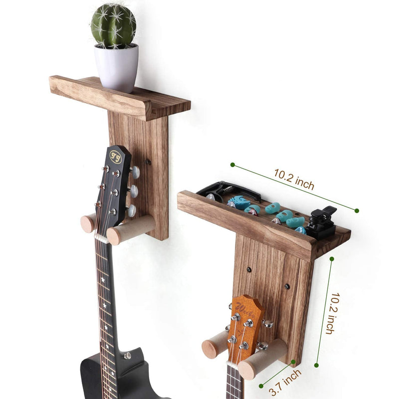 Keebofly 2-Pack Guitar Wall Mount Hanger with Shelf & Pick Holder - Wood Wall Hook for Acoustic, Electric, Bass Guitars, Ukulele (Screw-Mounted, Brown) [Patented]