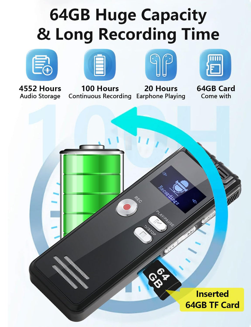 [AUSTRALIA] - 64GB Digital Voice Activated Recorder with Playback - 4552 Hours Audio Recording Device, 3072Kbps HD Dual MIC Tape Recorder Device for Lecture A-B Repeat, MP3 Player, Password,【64GB TF Card Included】 64GB 