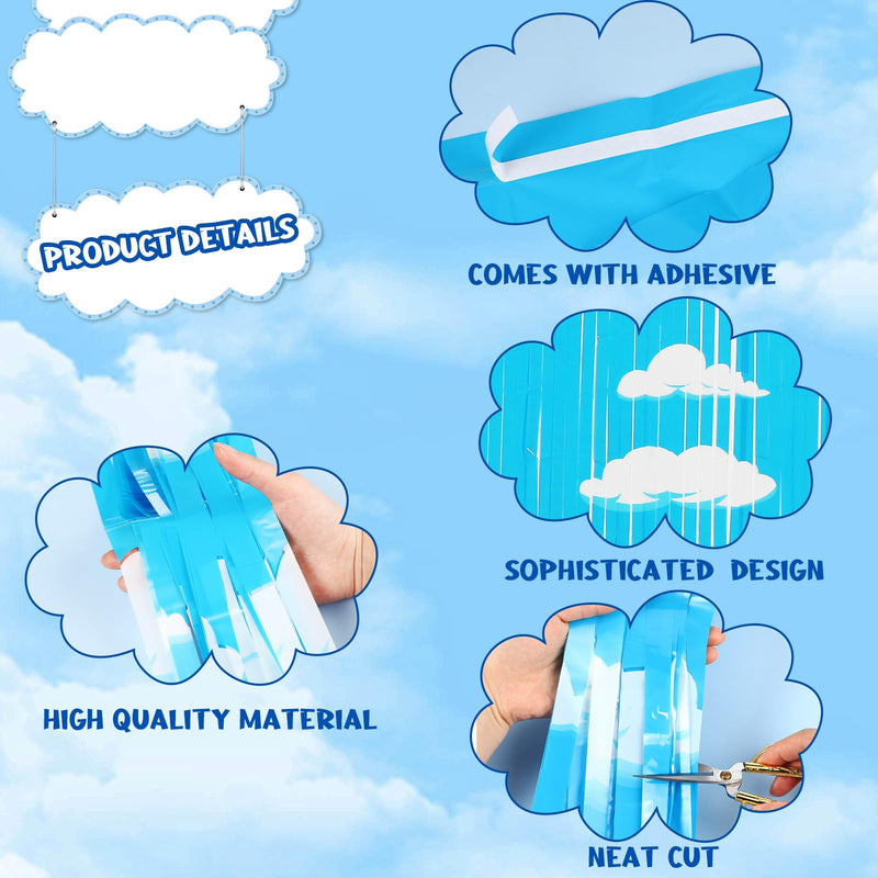 XunYee 3 Pack Blue Sky White Clouds Birthday Party Supplies, Clouds Theme Tinsel Foil Fringe Curtains Toy Party Supplies, Baby Kids Shower Cartoon Story Birthday Party Decorations