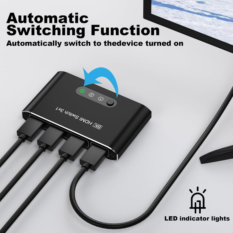 [AUSTRALIA] - HDMI 2.1 Switch 3 in 1 Out,8K HDMI Splitter Switcher,Supports 4K@120Hz,8K@60Hz, 48Gbps Ultra HD HDMI Box, Aluminum Shell, Compatible with PS4/PS5, Xbox, Fire Stick, Apple TV, Roku, HD TV. 8KBlack 