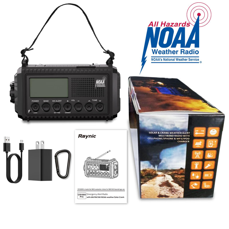 Raynic NOAA Weather Radio,5000mAh/18500mWh Solar Hand Crank Emergency Radio, Battery Powered Portable Radio with AM/FM/SW/NOAA, Cell Phone Charger, Type-C Charging, Flashlight and SOS Siren Black-LCD Display