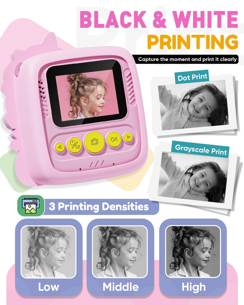 Instant Print Camera for Kids, Christmas Birthday Gifts for 3-8 Year Old Boys Girls, 1080P Kids Digital Camera Toys for Kids Age 3 4 5 6 7 8 with Silicone Cover-Pink Pink