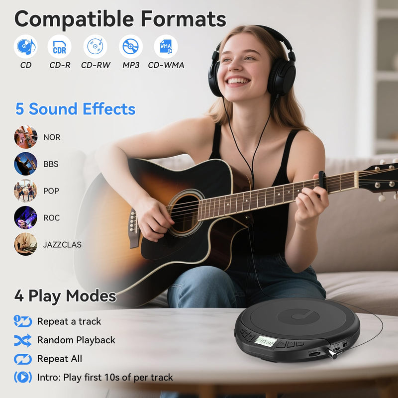 [AUSTRALIA] - Gueray Portable CD Player with Earphones,CD Discman for Car Home with Anti-Skip Shockproof Protection,Personal Discman CD Music Player with LCD Display Support PROG Memory Function H-01 Black 