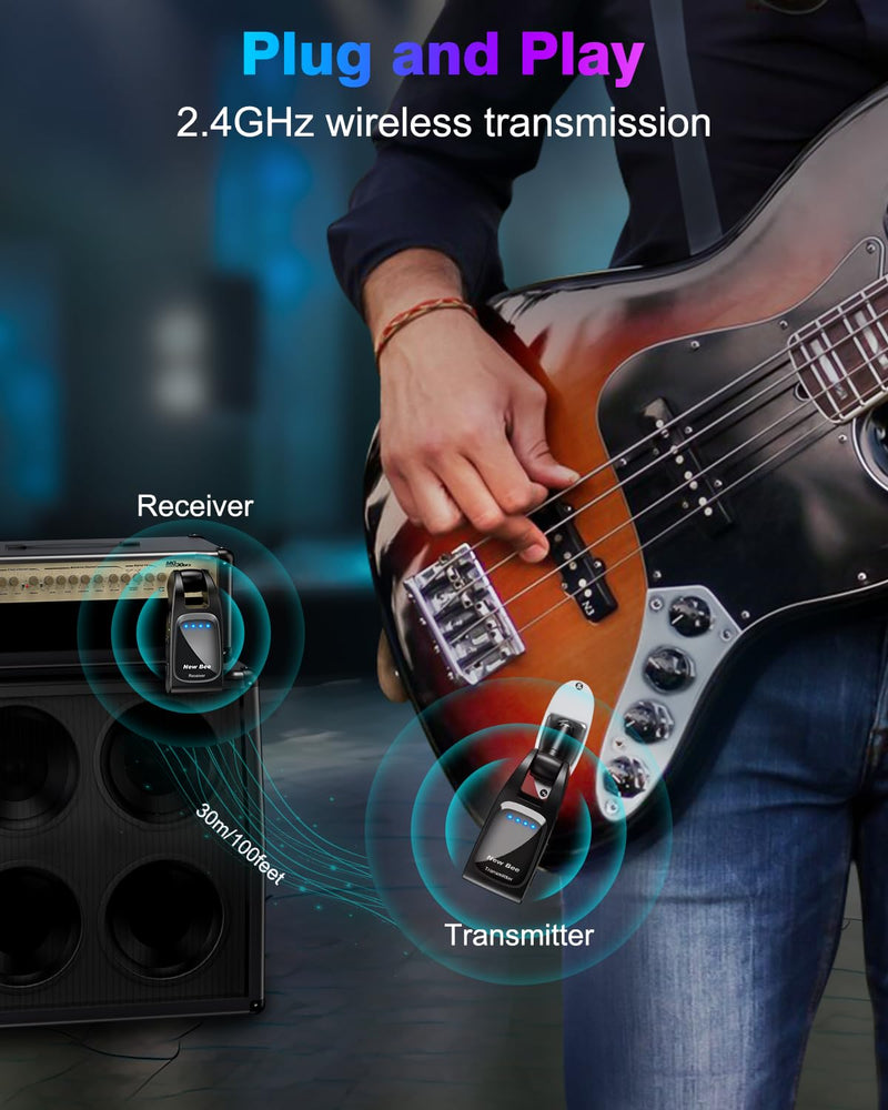 [AUSTRALIA] - Wireless Guitar System 2.4 GHz with 6 Channels Rechargeable Audio Wireless Guitar Transmitter Receiver for Bass Electric Instruments Black 