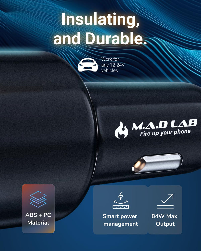M.A.D LAB 84W 3-Port Fast Car Charger, Dual 33W USB-C and 18W USB-A | Cigarette lighter USB charger with PD and QC 3.0 fast charging for iPhone 17-13, Samsung Galaxy, iPad, Android and Switch 2026