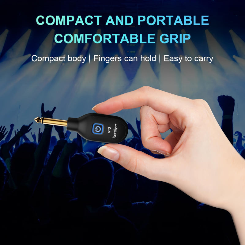 A12 Wireless Guitar Transmitter Receiver - 2.4GHz System, 24-bit 48KHz Audio, 100ft Range, No Latency, Rechargeable, Easy Pairing for Electric Guitar & Bass - Accessories (1TX+1RX) 1TX+1RX