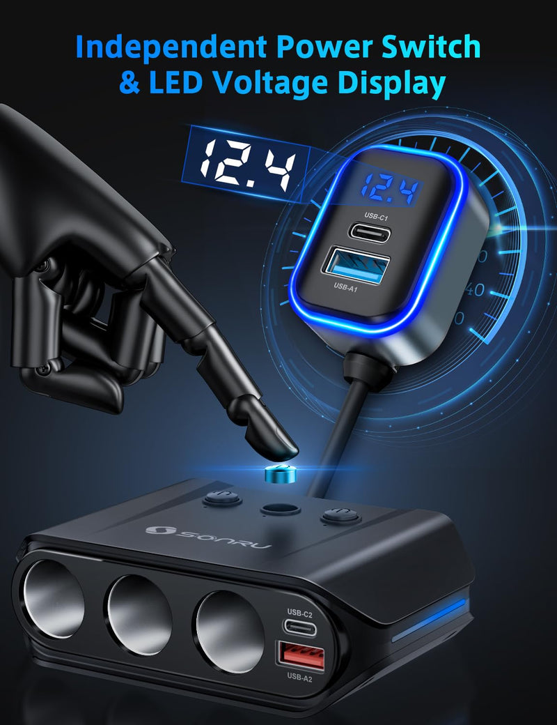 [AUSTRALIA] - 7 in 1 Cigarette Lighter Splitter, SONRU 180W (max 192W) 3-Socket Car Cigarette Lighter Adapter with Dual PD 36W/QC3.0 Fast Charging (3.7FT Cable) 12V/24V Independent Switches & LED Voltage Display BLACK 