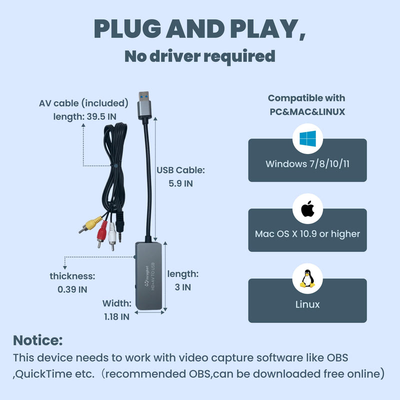 [AUSTRALIA] - USB Video Capture Card for VHS/HDMI/AV/RCA - Analog to Digital Video Converter - VHS to Digital/USB/RCA Converter - Compatible with Mac/Windows/Linux USB Video Capture Card 