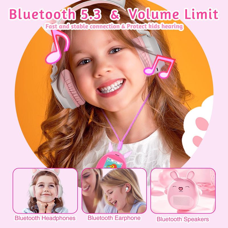 64GB MP3 Player for Kids, Kids MP3 Player with Bluetooth,Speaker, Games, Recorder, Ear Lights,Soothing Sounds, Alarm Clock, Stopwatch and 100hrs Loseless Music Playback(Support up to 128GB) pink