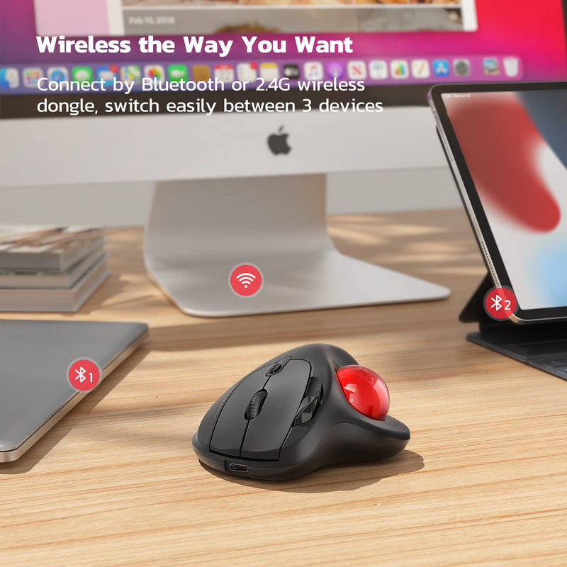 Nulea M501 Wireless Trackball Mouse Ergonomic Thumb Control,4 DPI Levels | Rechargeable mouse with bluetooth USB receiver,3 device use,smooth tracking,compatible with PC Mac Windows A-Red