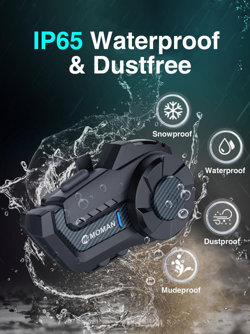 Moman Motorcycle Intercom, 2-Way Intercom Communication Systems(H2Pro 1pcs) | FM Music Sharing, Hi-Fi Stereo, CVC Noise Cancellation, Waterproof BT5.1 Group Helmet Speaker Headset, for Dirt Bike/ATV 1 Pcs