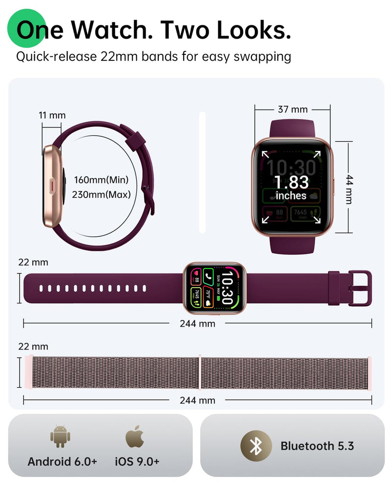 Smart Watches for Women, 1.83" Alexa Smart Watch for Android Phones & iPhones with Calls/Messages, 120+ Sport Modes Fitness Watches for Women Men with Heart Rate Monitor, Sleep/Activity/Health Tracker Burgundy