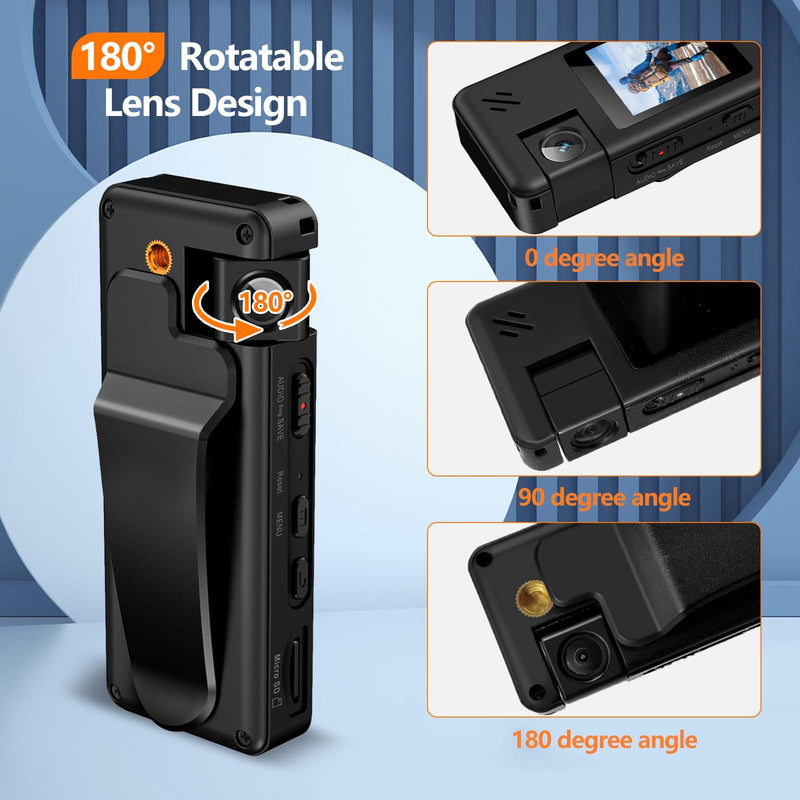 A32 64GB Body Camera, Portable Body Cam with 180° Rotatable Lens and Motion Detection, 1080P Camcorder with Audio and Video Recording for Outdoors Sports Police Delivery Cycling Helmet 64G