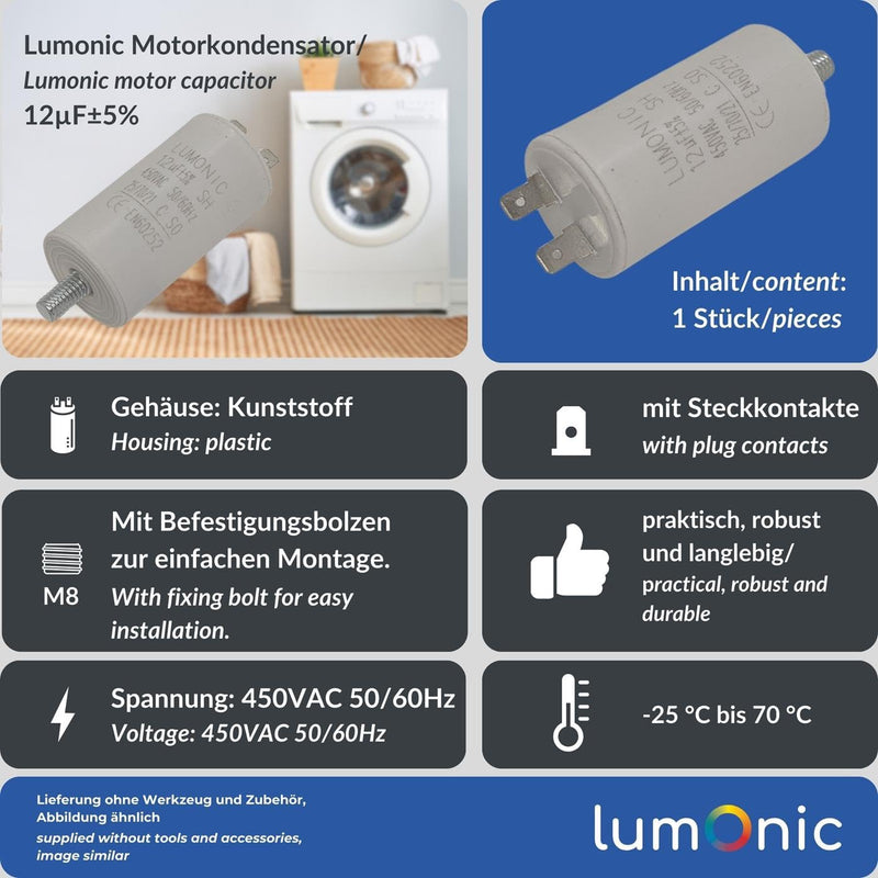 Lumonic Starting Capacitor with Plug 6.3 x 0.8 mm I 12µF 450 V I 34 x 65 mm I 12uF I Motor Capacitor with Plastic Housing I Operating Capacitor I for Pump Plugs