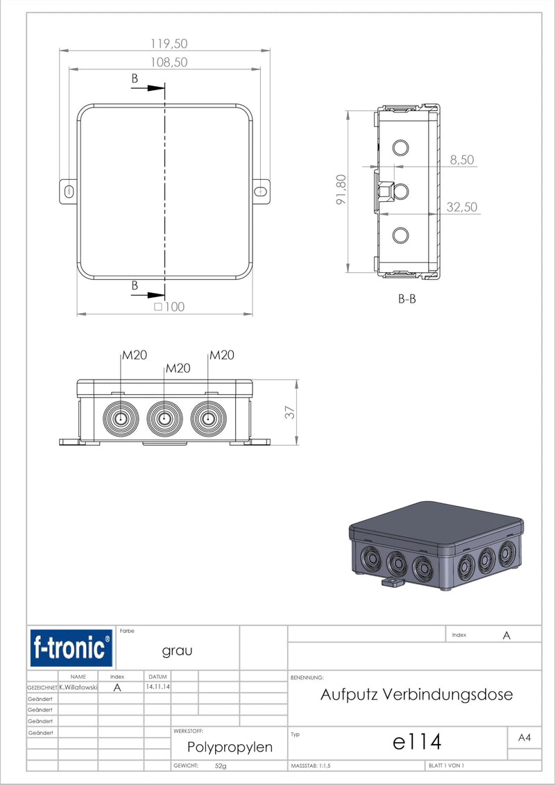 F-TRONIC Junction Box IP 54 100 x 100 x 40 mm