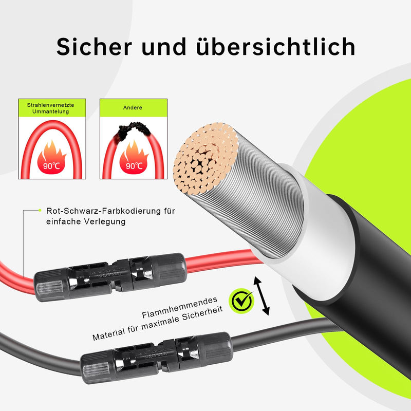 MXRPV Solar Cable 4 mm²/6 mm², Solar Cable Extension 2/3/5/10/15 m, Tool-Free Solar Extension Cable, PV Cable (6 mm², 5 m) 6mm²5m