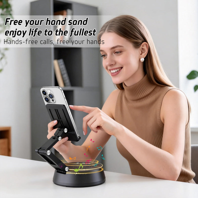 Cell Phone Stand with Wireless Bluetooth Speaker,Adjustable Height and Angle Phone Stand for Desk, HD Stereo Sound & Anti-Slip Base Phone Holder Speaker Compatible with iPhone,Gifts for Men Women Black