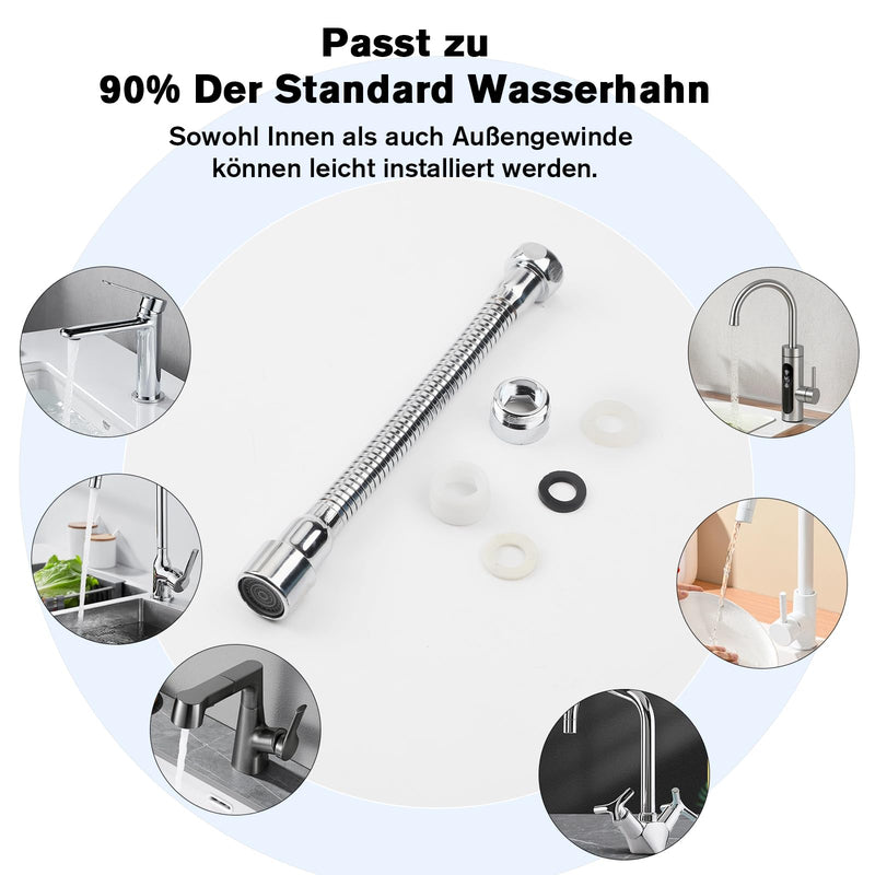 QINGHEC Pack of 2 Flexible Tap Extensions, 360° Rotating Tap Attachment Extension, Multifunctional Tap Extender, Stainless Steel for Kitchen and Bathroom, 20 cm