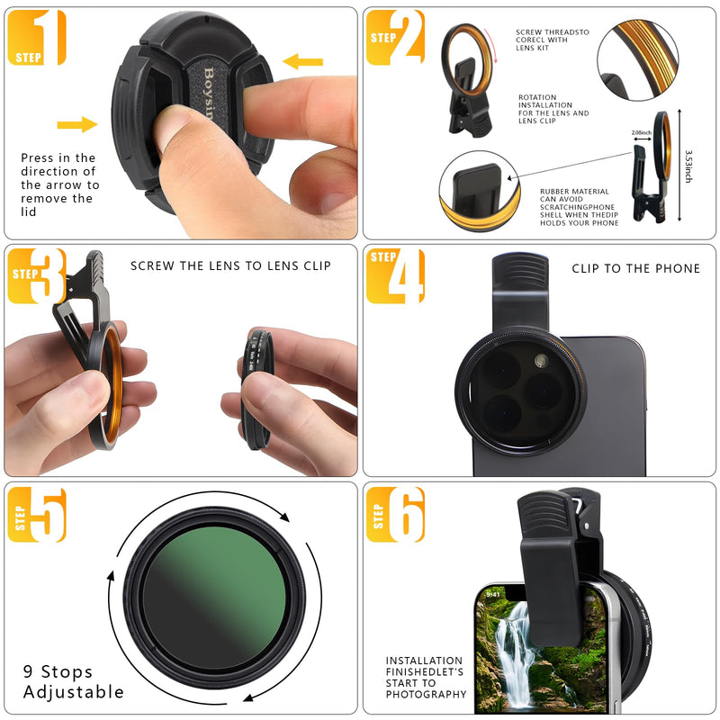 [AUSTRALIA] - 52MM Variable ND2-ND400 Filter, Ultra Slim Multi-Coated Adjustable Neutral Density Filter, Clip-on Phone Lens ND Filter Kit, Compatible for iPhone 15 14 13 12 11, Google Pixel and Other Smart Phones 