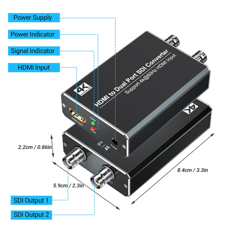 4K/60Hz HDMI to SDI Converter, Support Dual Port SDI Outputs Simultaneously, Compatible with 4Kx2K/60Hz HDMI 2.0 Input and 3G-SDI/HD-SDI Output 4K HDMI to SDI