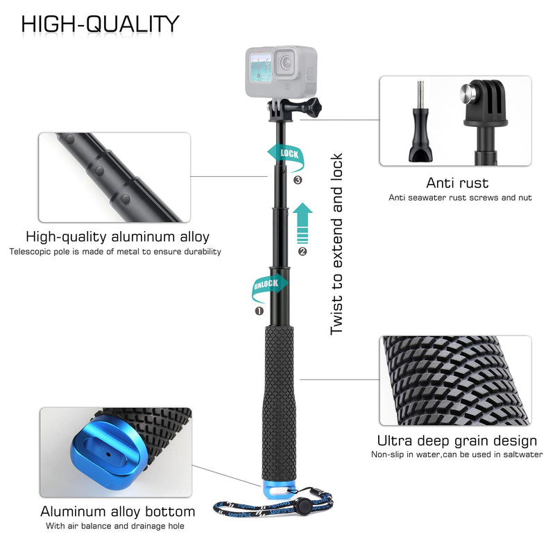 11''-45''Alumium Handheld Waterproof Selfie Stick Underwater Pole Handle Grip Monopod for Gopro Hero Session Max Insta360 AKASO DJI OSMO Digital Action Cameras 11''-45'' Stick