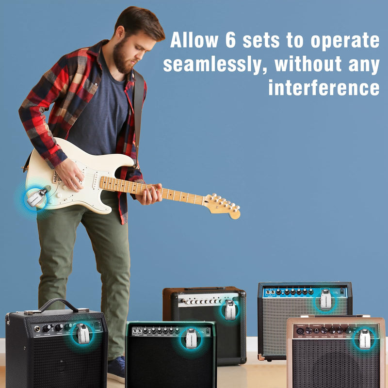 Wireless Guitar System 2.4 GHz with 6 Channels Rechargeable Lithium Battery Transmitter Receiver for Electric Guitar Bass Keyboard Piano
