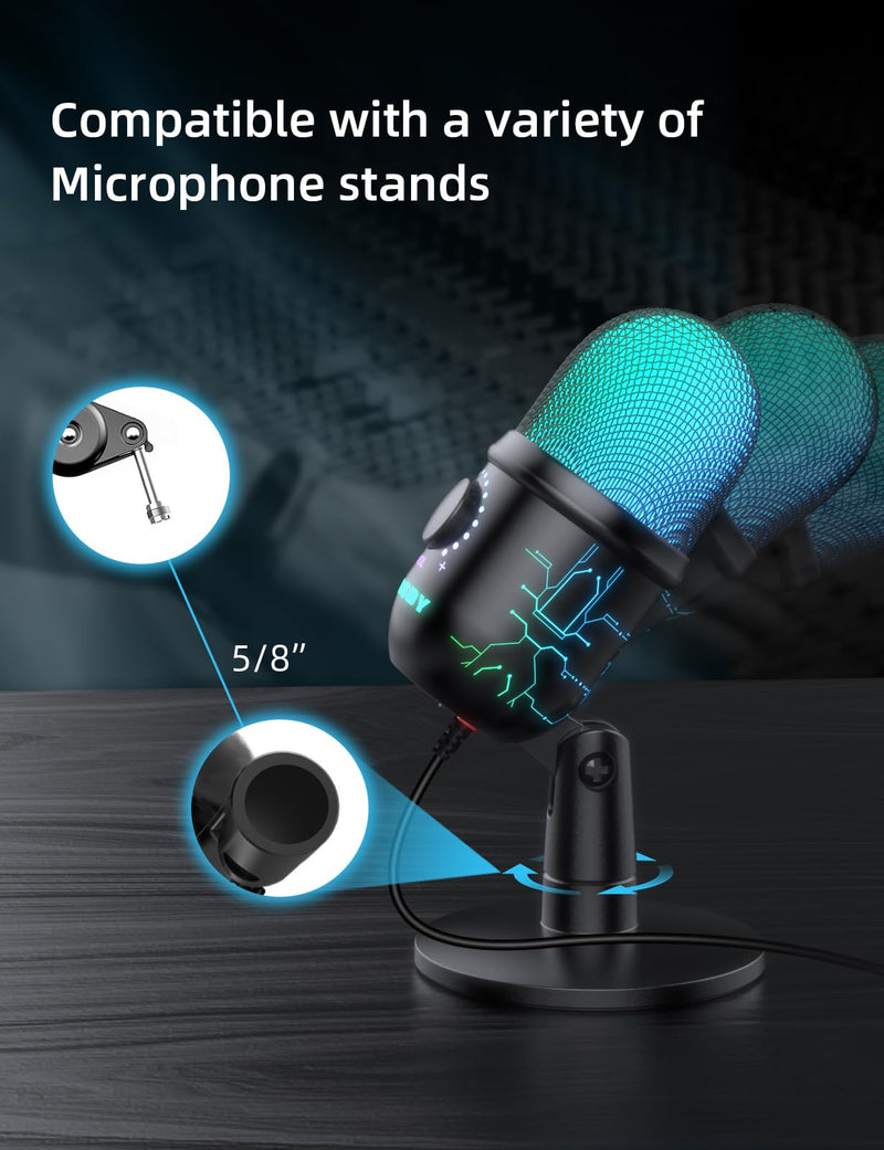 Gaming Microphone, USB Computer Microphone for PC, Mac, PS4/5, Condenser Podcast Mic for Studio Recording, YouTube, Streaming, with Headphone Jack, Led Light, Mute, Gain, Noise Cancellation V5-P