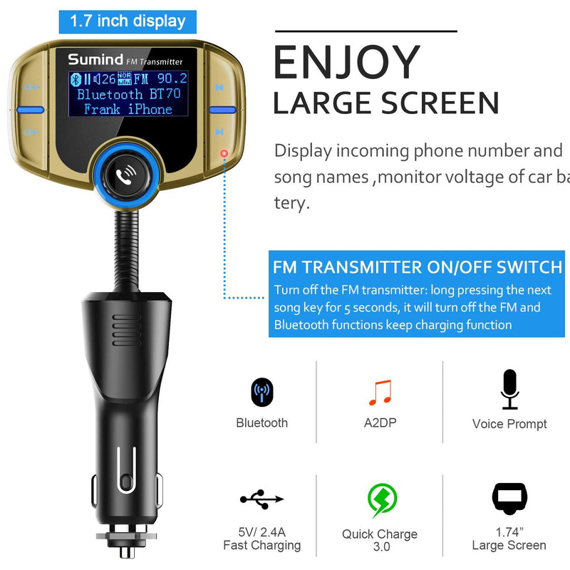 Sumind 2026 Upgraded Wireless Bluetooth Car Adapter FM Transmitter, 1.7'' LCD Display, Flexible Gooseneck, 20W QC3.0&Dual USB Ports, AUX Input/Output for Hands-Free Call, Micro/TF Card(Golden,Normal) Golden Normal