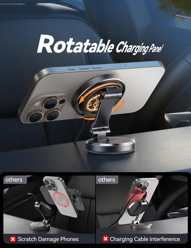 Metal MagSafe Car Mount Charger with 360° Rotatable Charging Panel & Base | 15W Fast Charging Magnetic Phone Holder, Strong Magnets Wireless Car Charger, Car Mount for iPhone 17 Pro Max 16 15 14 13 12 Black