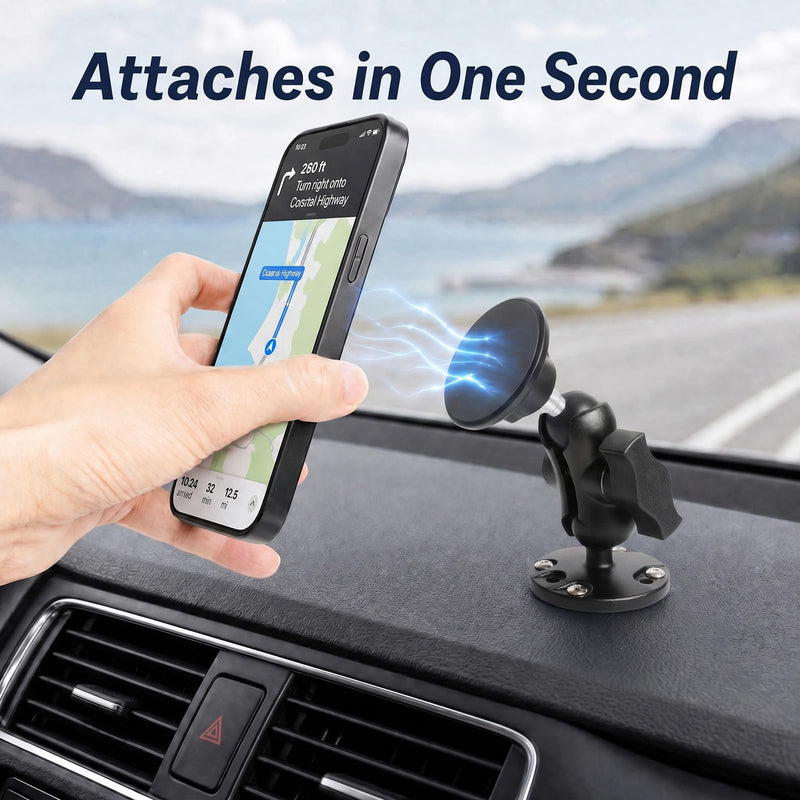 1" Ball Magnetic Phone Mount for Boat/Truck/Car, Aluminum Alloy Short Arm & Base, Double Ball Joint, Screw-Mounted AMPS Round Base Phone Holder for Magsafe iPhone 17 16 15 14 13 12 Series Total length 5"