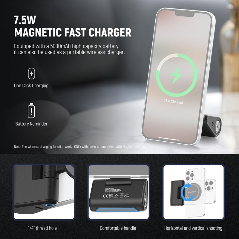 NEEWER Basics Magnetic Phone Camera Grip Handle with Shutter Remote Compatible with MagSafe iPhone ONLY, 18W Magnetic Charging, 5000mAh Rechargeable for Vlog Selfie Tripod Video Recording, WS-25001