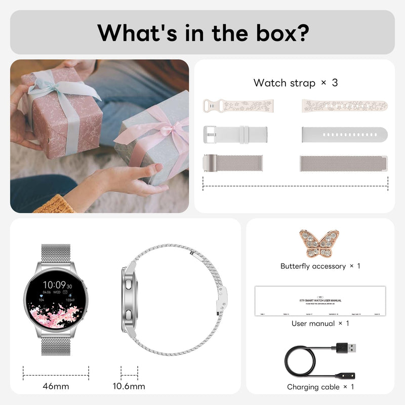 Smart Watch for Women, 1.27" HD Touchscreen Smartwatch with Bluetooth Call & Text Notification, 130+ Sport Modes, IP68 Waterproof Fitness Tracker with Heart Rate/Sleep Monitor, 3 Bands Silver-1