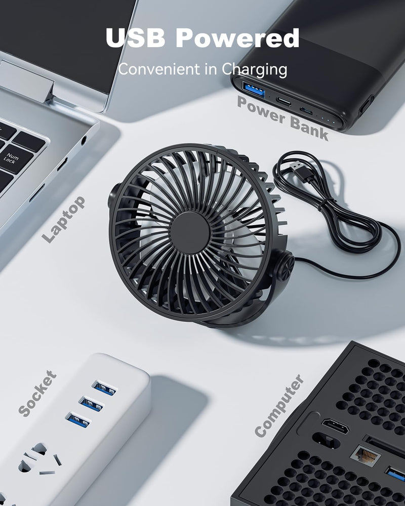 USB Desk Fan, 5 Inch Mini Portable Fan, 3 Speeds Strong Airflow Personal Desktop Fan, Detachable Cooling Fan 360° Rotation Quiet Small Fan for Desk Home Office Travel Car, Black, 5ft Cable