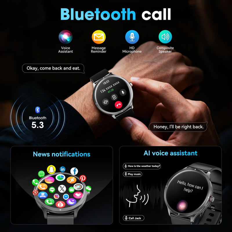 Smart Watches for Women Men, 1.75" AMOLED Smart Watch with Bluetooth Calling, Fitness Tracker with Heart Rate Sleep Monitor, IP68 Waterproof, 100+ Sports Modes, Compatible with iPhone Android Black