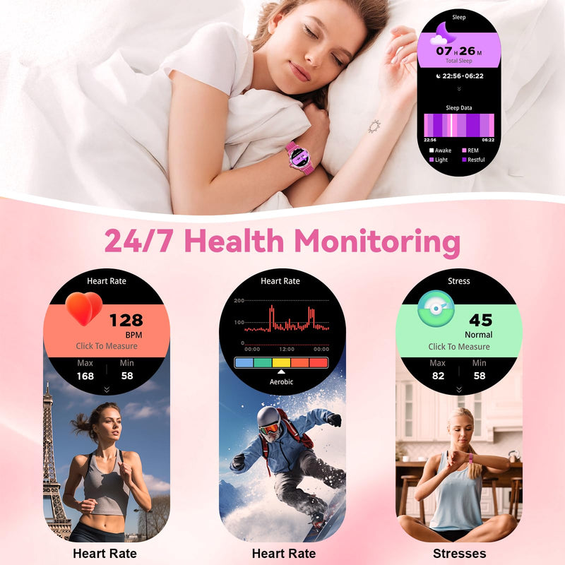 Smart Watch for Women, 1.2" Display 100+ Sports, IP68 Waterproof | Fitness Tracker with Heart Rate, Sleep & Female Cycle, Adjustable Fit, iOS & Android Compatible, W02-Rose Pink
