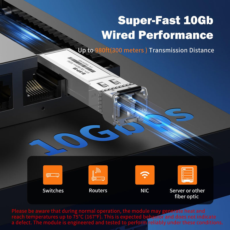 [4 Pack] 10G SFP+ LC Module, 10Gb 850nm Multimode SFP Transceivers, Up to 300 Meters, Plug and Play, Hot Pluggable, Durable Metal Casing 4-Pack