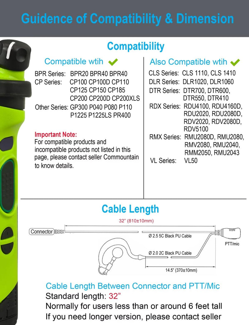 [AUSTRALIA] - commountain CP200D CLS1410 Earpiece with PTT/Mic for Motorola Walkie Talkies Radios R2 CLS1110 CP100D CP200 CP185 BPR40 BPR40D DTR700 RDU4100 RDU4160D RMU2040 RMU2080D CLS CP, G Earhook Headset-5 Pack 