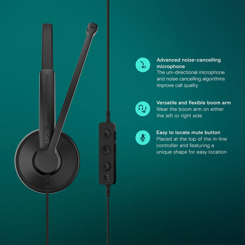EPOS Impact 100 MS Stereo USB-C+A Headset with Microphone, Certified Microsoft Teams, Noise-Cancelling Mic, Lightweight, Call Control, USB Adapter, Soft Earpads, Professional UC Headphones