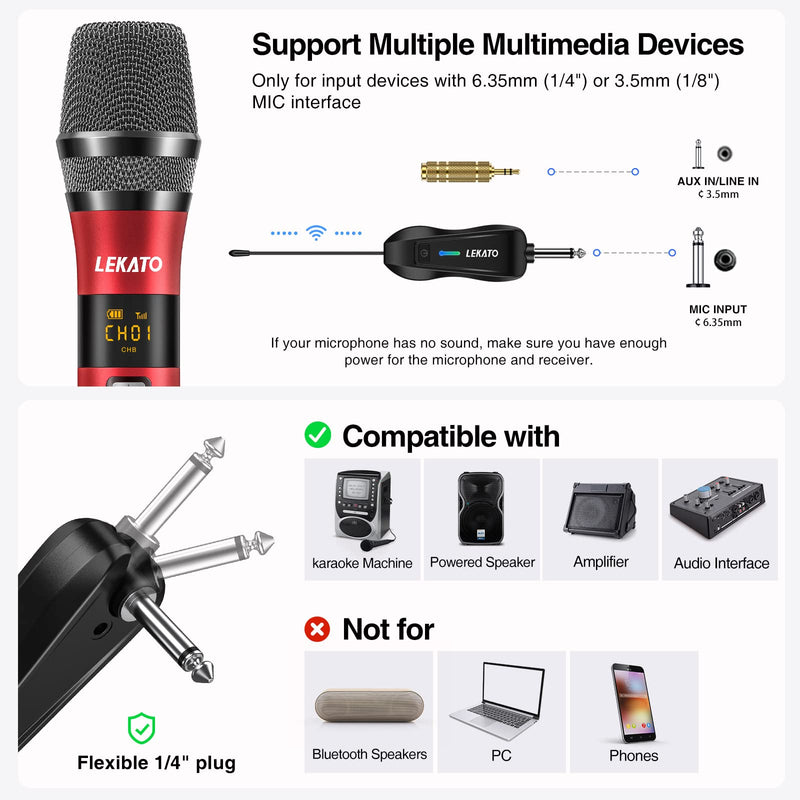 LEKATO Wireless Microphone Rechargeable Wireless Microphones with Receiver Dual Handheld Microphone System Dynamic MIC for Singing, Speech, Wedding, Church,Speaker, PA System Black&Red