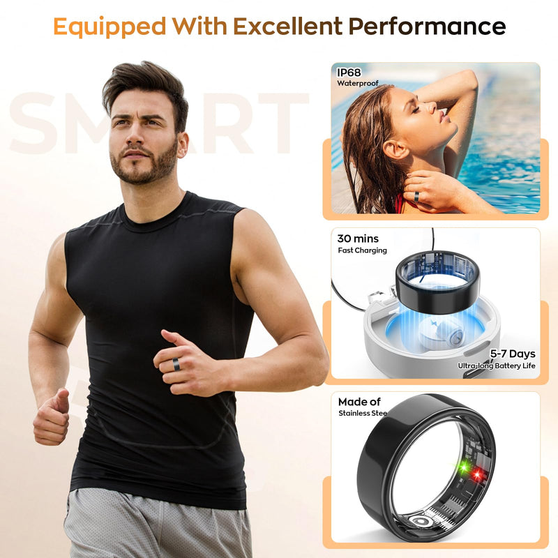 Smart Ring with Sleep Monitoring, Step Counting, Heart Rate, Blood Oxygen for iOS and Android, No Subscription Fee, IP68 Waterproof Health Tracker (Gold, 7)