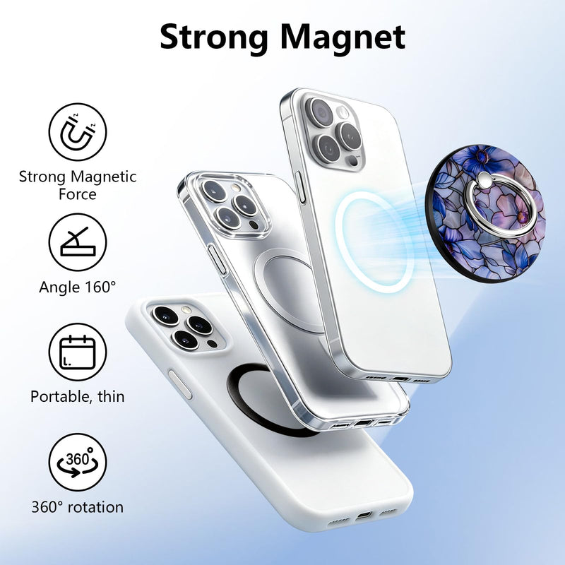Magnetic Phone Ring Holder with MagSafe, 360° Rotation Super Magnet Finger Grip Removable Kickstand, Cute Stained Glass Floral Designed Stand for iPhone 17 16 15 14 13 12 Pro Max Plus, Purple Flower