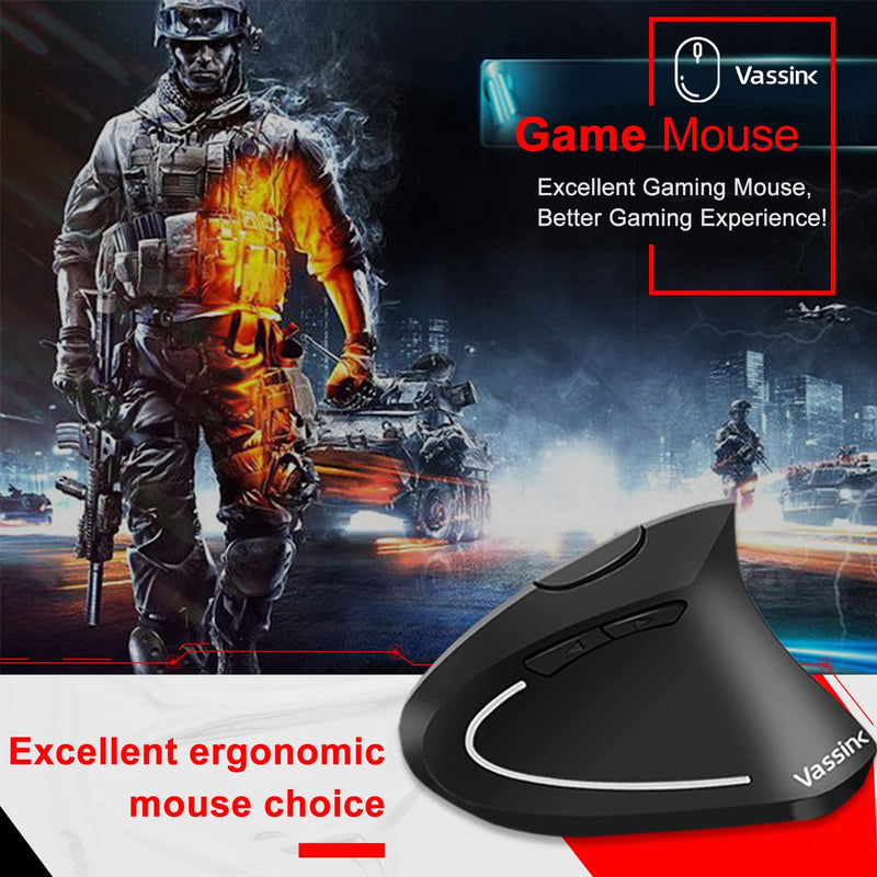 Vassink Ergonomic Mouse, Rechargeable Wireless Mouse, 2.4GHz Rechargeable Wireless Vertical Optical Mice with USB Receiver, 6 Buttons, 800/1200/1600 DPI, for Laptop, PC, Computer Black