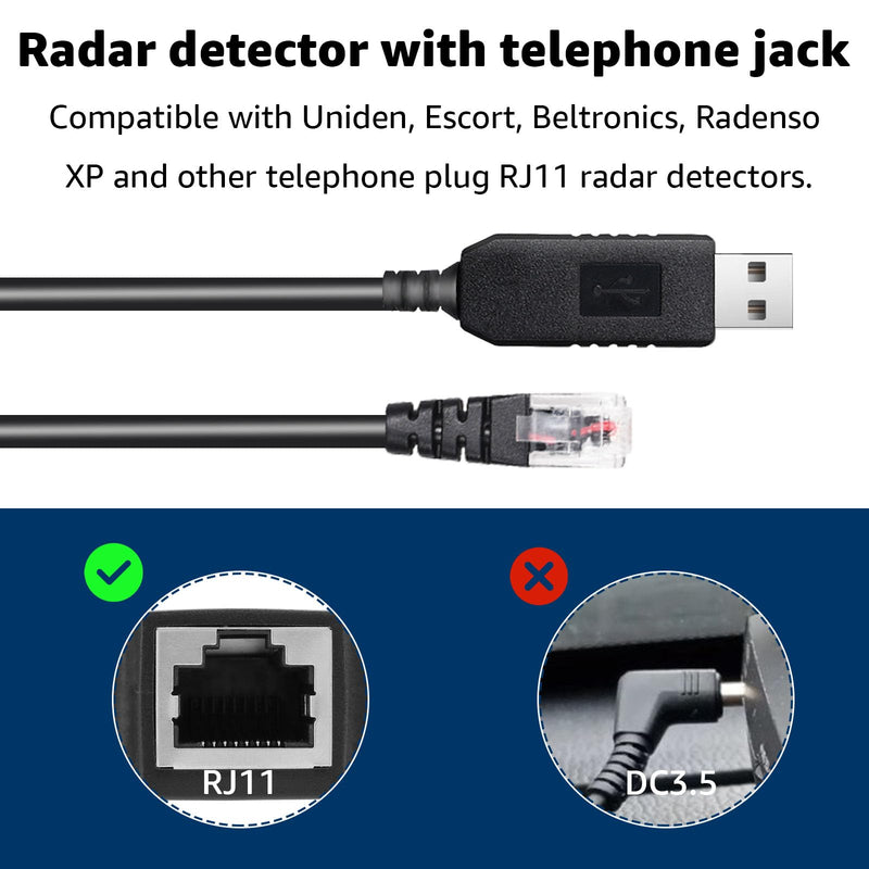 3.3Ft Radar Detector Cable - USB to RJ11 Plug Cable for Escort Radenso XP Uniden Beltronics Cobra Whistler - Premium Replacement Power Cord for Radar Detectors - Durable USB to RJ11 Connection 3.3ft