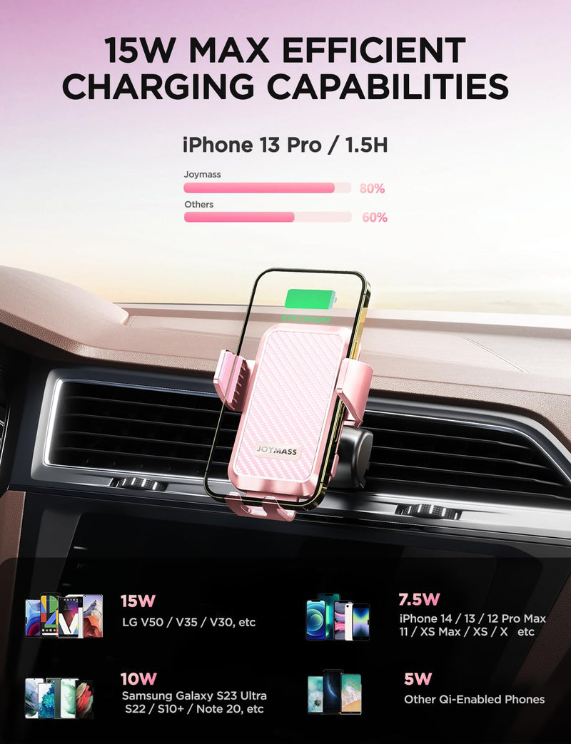 JOYMASS Wireless Car Charger, Phone Holders for Your Car, 15W Auto Clamping Phone Mount Car Accessories for iPhone 16 15 14 13 12 Mini Pro Max 11, Samsung Galaxy S24 Ultra S23 S22+ Note 20, etc-Pink PINK