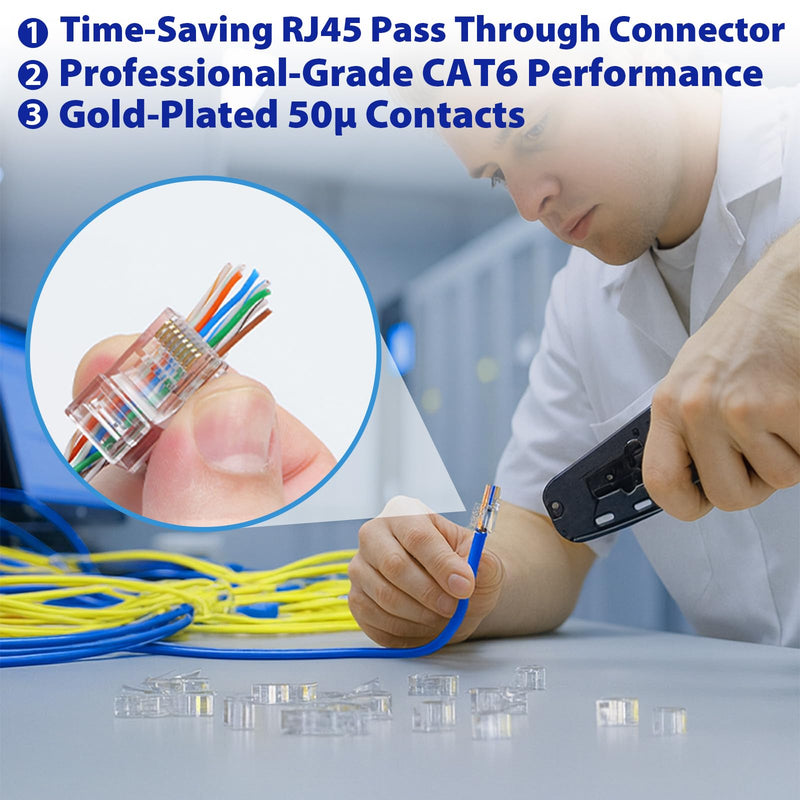 Cyberguys! CAT6 UTP Pass Through RJ45 Connectors – 200-Pack | Gold-Plated 50μ 8P8C Modular Plugs, Supports 24–25AWG Ethernet Cables, 10Gbps High-Speed Network Ends, Easy Install 200 Pack
