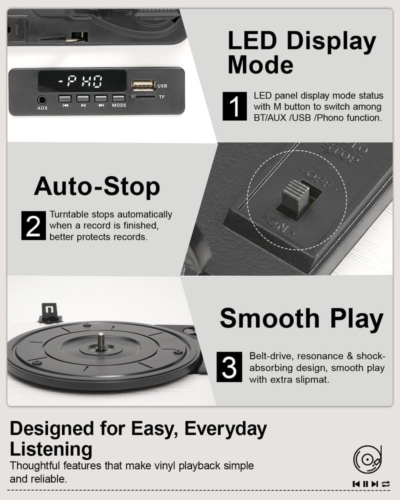 Vinyl Record Player Bluetooth Turntable, 3-Speed Retro Vinyl Player with Built-in Speakers,AUX in, Auto Stop,USB Recording, Belt-Drive LP Player White