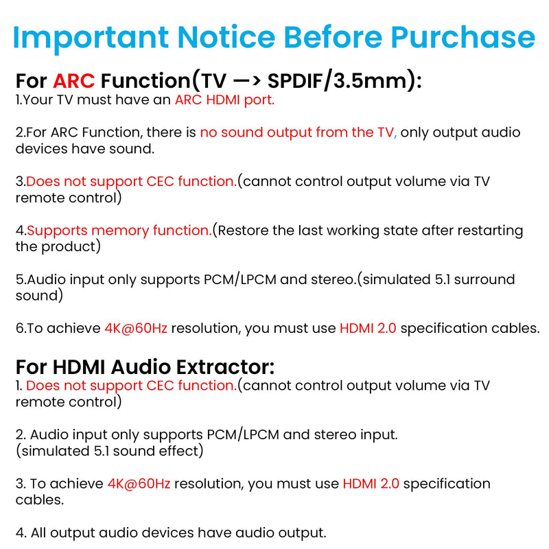 [AUSTRALIA] - 4K@60Hz HDMI 2.0b Audio Extractor Converter Adapter Splitter, HDMI ARC + Optical Toslink SPDIF + 3.5mm Stereo Audio Out, Support HDCP2.2 Digital PCM DTS 5.1, (Optical/HDMI Cables Included) 