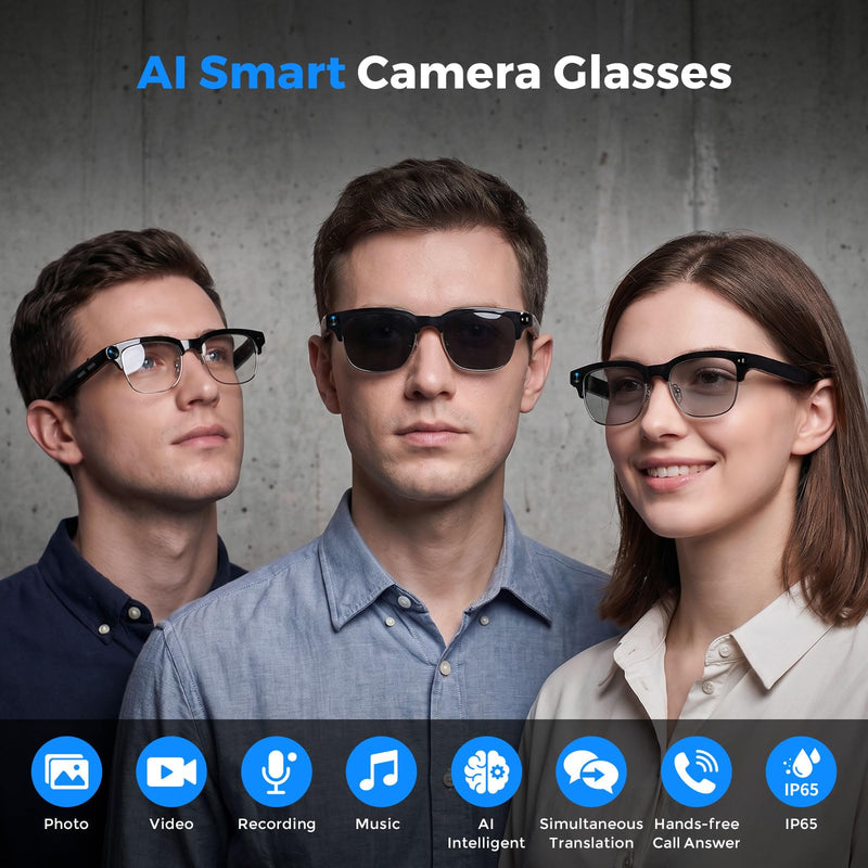 AI Smart Glasses with Camera and Bluetooth, 4K Recording Glasses Video and Audio, 8MP Smart Sunglasses with 3 Lenses, Real-Time Translation, AI Assistant, Open-Ear Music, Object Recognition Black