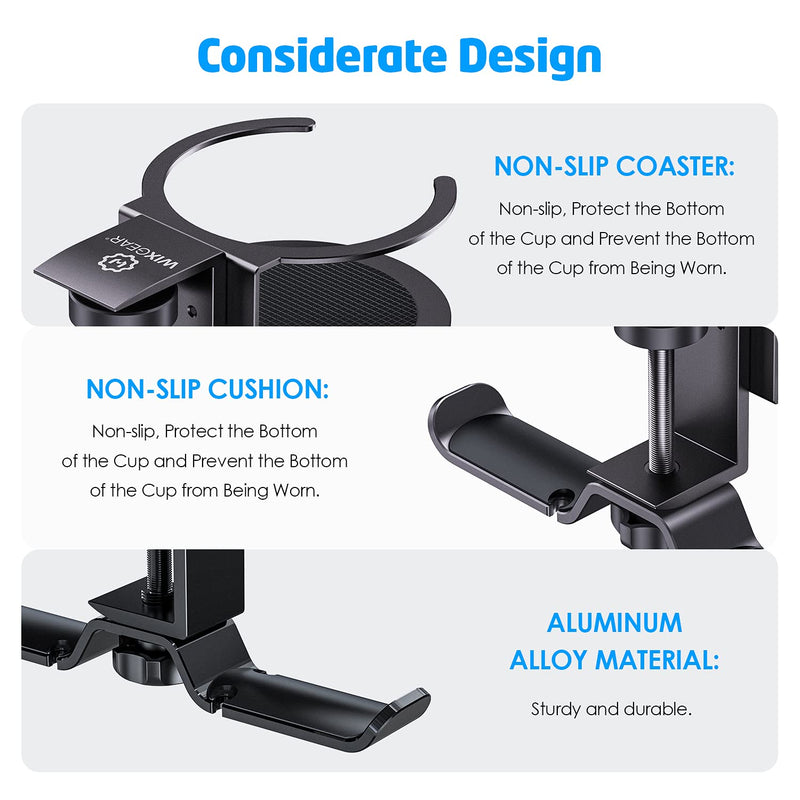 WixGear Headphone Stand, 2 in 1 PC Gaming Headset Stand Cup Holder, with Cable Organizer, 360° Adjustable & Rotating Arm Clamp Headphone Holder, Suitable for All Headphones and Drinks